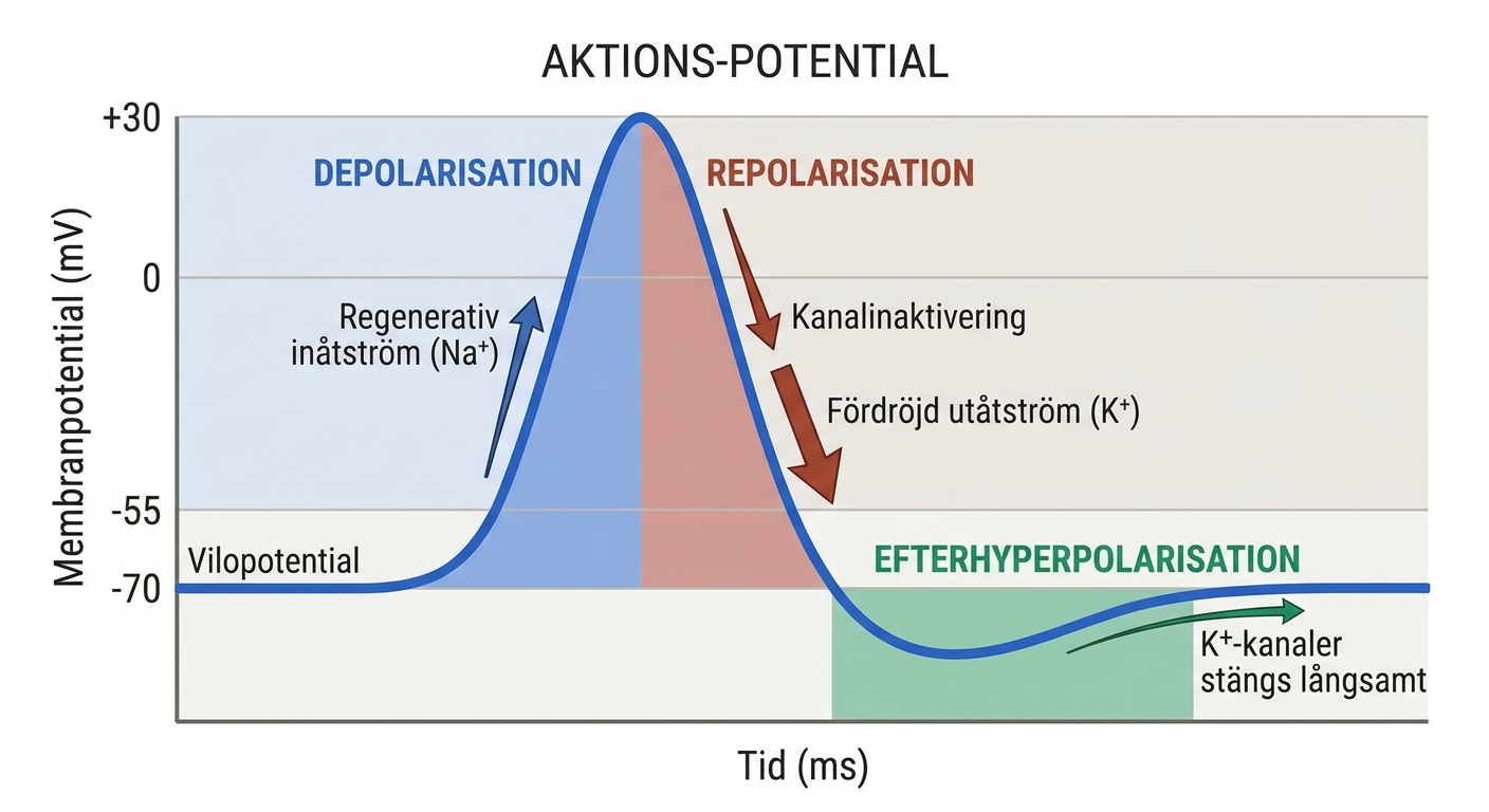Schematisk aktionspotential med depolarisation, repolarisation och efterhyperpolarisation