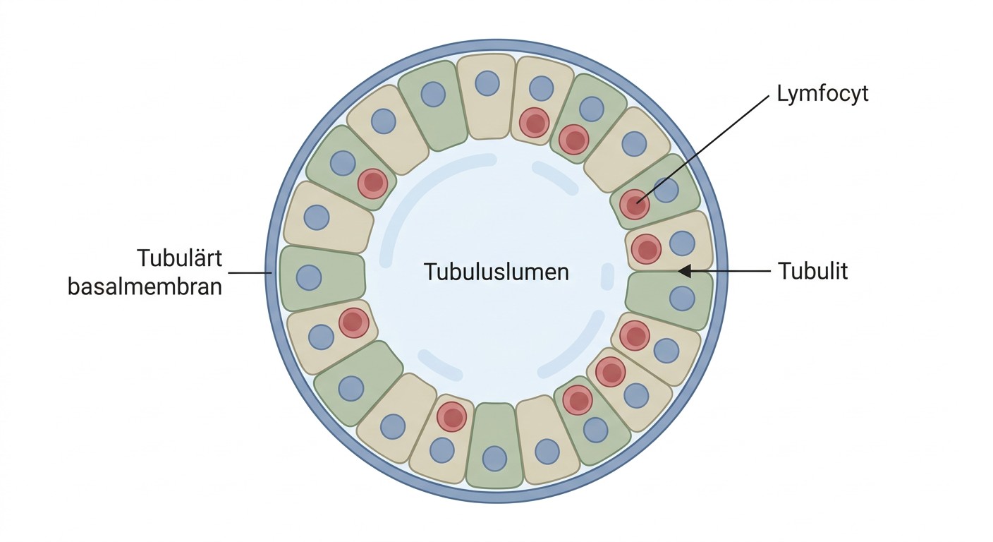 Njurgraftbiopsi med lymfocyter inne i tubulusepitelet, förenligt med tubulit.