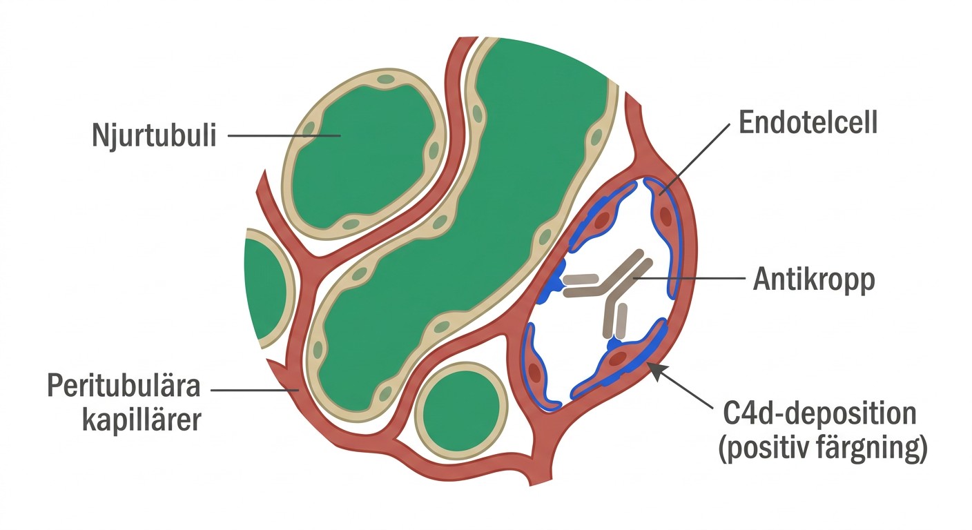 Immunhistokemisk färgning med positivt C4d i peritubulära kapillärer i ett njurtransplantat.