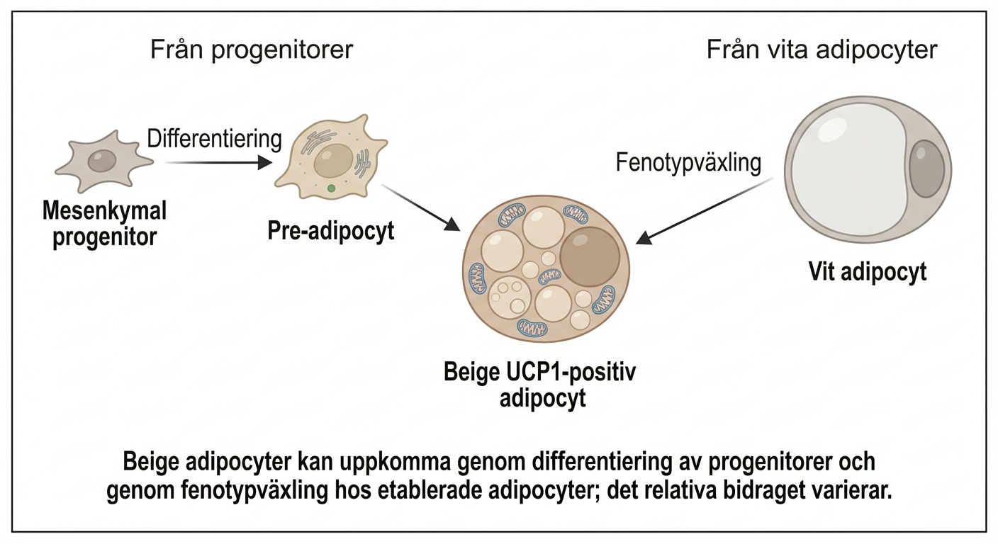 Schema över bildning av beige UCP1-positiva adipocyter från progenitorer eller vita adipocyter.