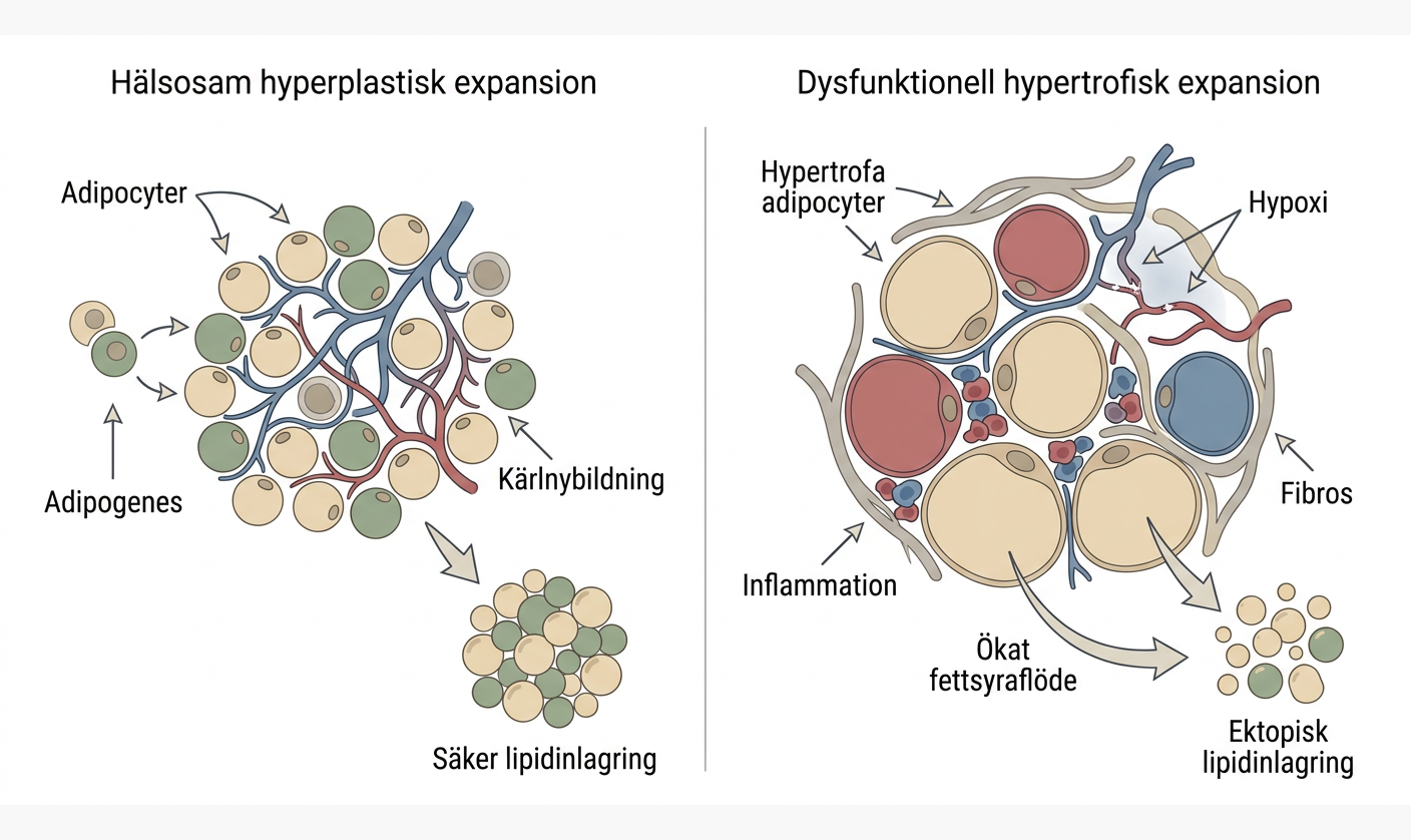 Schema över hälsosam hyperplastisk respektive dysfunktionell hypertrofisk expansion av fettvävnad.