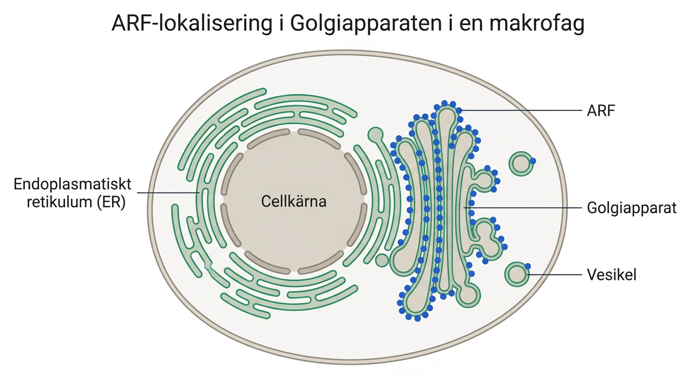 Fluorescensbild av ARF-lokalisering i Golgiapparaten i en levande makrofag