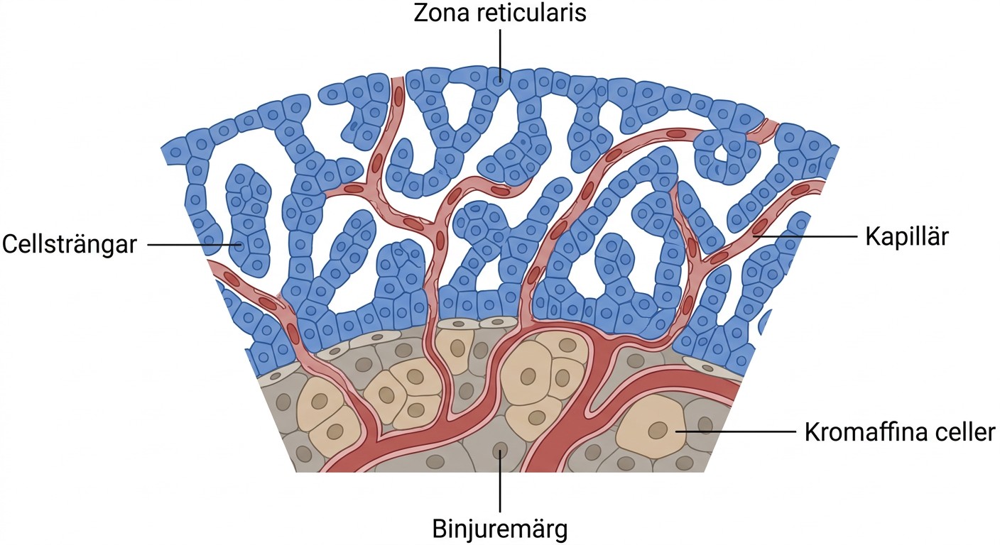 Histologiskt mikrofotografi av zona reticularis i human binjure.