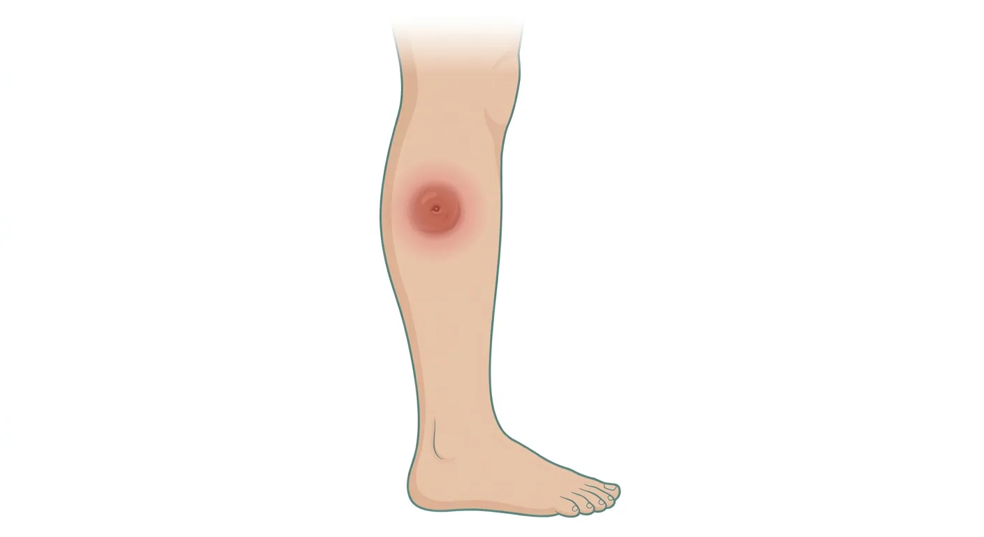 Tecknat underben i sidovy med en rund, upphöjd och rodnad knuta på övre delen av vaden, några centimeter stor, med en liten central punkt och en diffus rodnad runt om. Huden i övrigt är normal och lesionen är inte sårig eller svart.