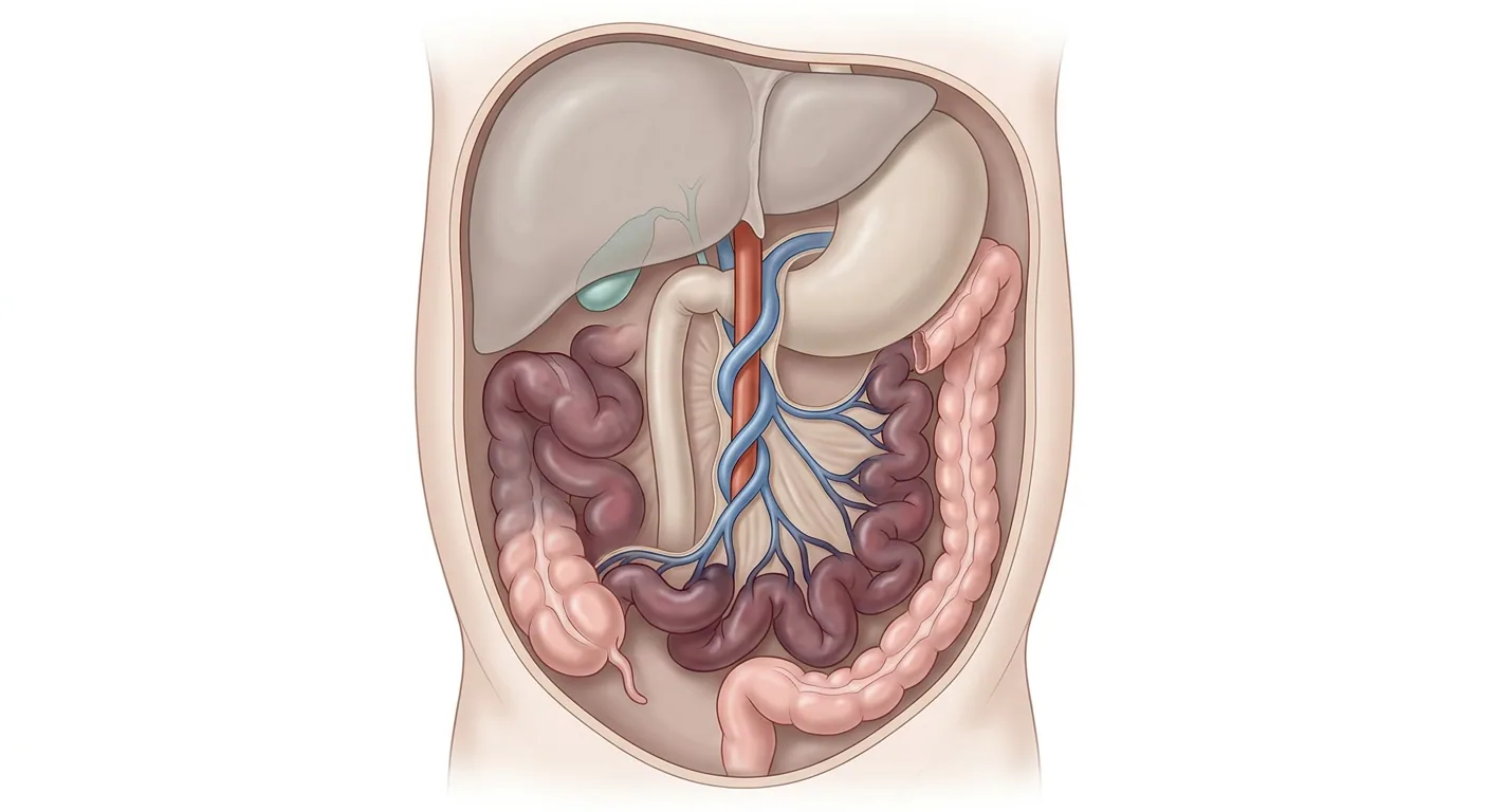 Illustration av en öppnad barnbuk framifrån. Duodenum går nedåt till höger om mittlinjen, övre mesenterialvenen är lindad i en spiral runt artären och tunntarmen är mörkt blåröd, medan lever, magsäck och tjocktarm har normal färg.