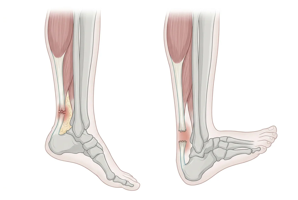 Två sidovyer av samma underben med komplett hälseneruptur några centimeter ovanför calcaneus. I plantarflexion ligger de fransiga senändarna an mot varandra, och i dorsalflexion skiljs de åt av en tydlig spalt med hematom.