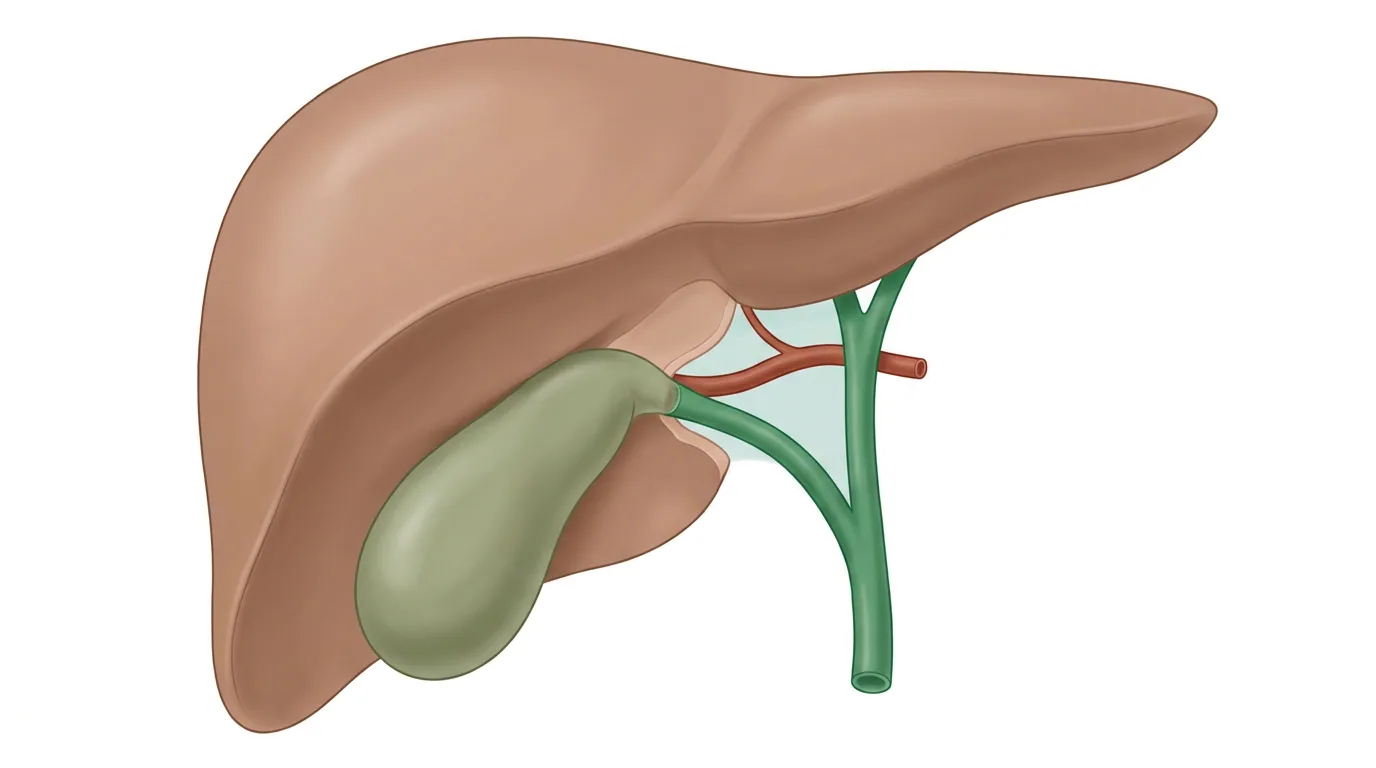 Illustration av levern och gallblåsan framifrån. En grön ductus cysticus och en röd arteria cystica är de enda strukturerna som går in i gallblåsehalsen, genom en rensad hepatocystisk triangel mot en ljusare, frilagd leverbädd.