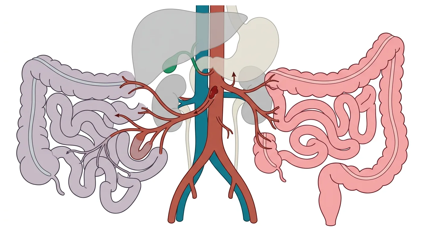 Schematisk framsida av bukaorta och övre mesenterialartären med en embolus i artären och bleka, ischemiska tarmavsnitt nedströms