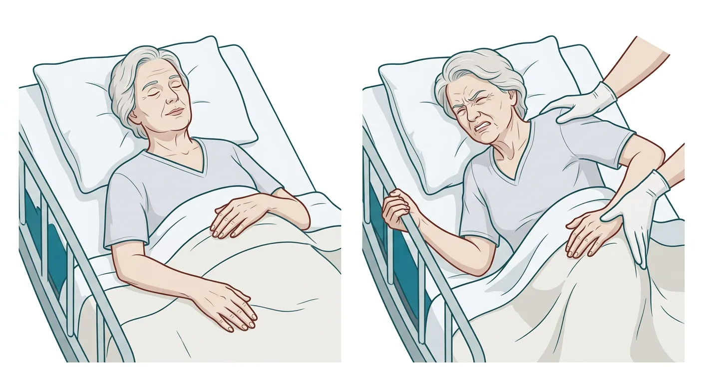 Två bilder av samma äldre kvinna i sjukhussäng. Till vänster ligger hon avslappnad med slutna ögon, till höger grimaserar hon med rynkad panna och griper om sänggrinden när vårdpersonal vänder henne.