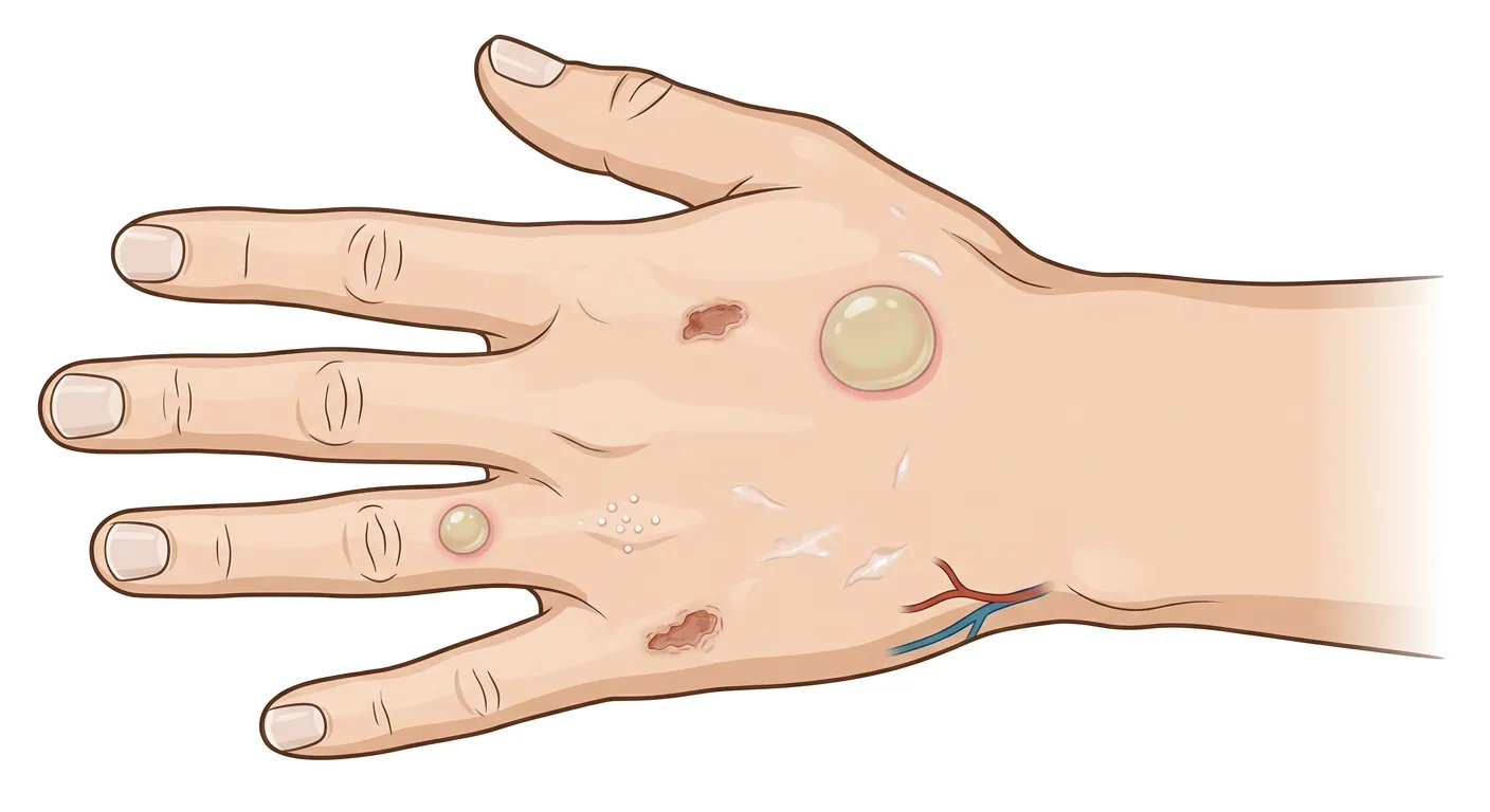 Handrygg med en stor spänd blåsa, en liten blåsa på ett finger, två krustbelagda erosioner, en grupp små vita milier och bleka ärr, som vid hudmanifestation av hereditär koproporfyri eller porfyria variegata.