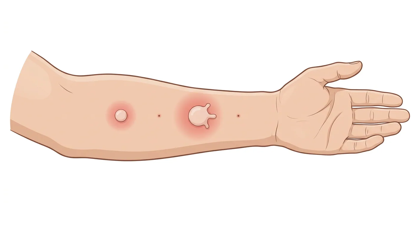 Tecknad underarm med handflatan uppåt och fyra pricktestställen i rad. Två ställen har en upphöjd blek kvaddel med rodnad runtom, den ena större och med utskott, medan två bara visar ett litet stickmärke.