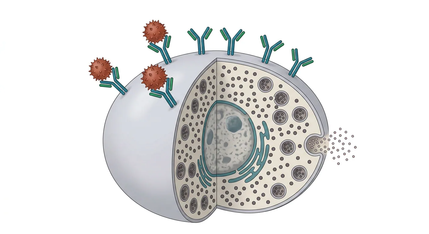 Illustration av en delvis uppskuren mastcell med Y-formade IgE-antikroppar på ytan, tre röda allergenpartiklar bundna till antikroppar uppe till vänster och granula som töms ut genom cellmembranet till höger.