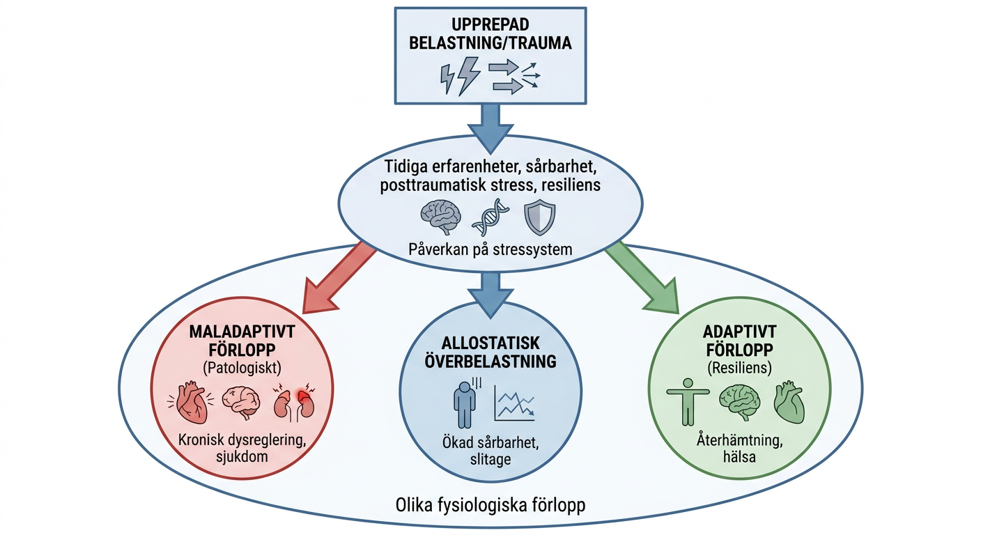 Schematisk illustration av olika förlopp vid allostatisk belastning, trauma och resiliens