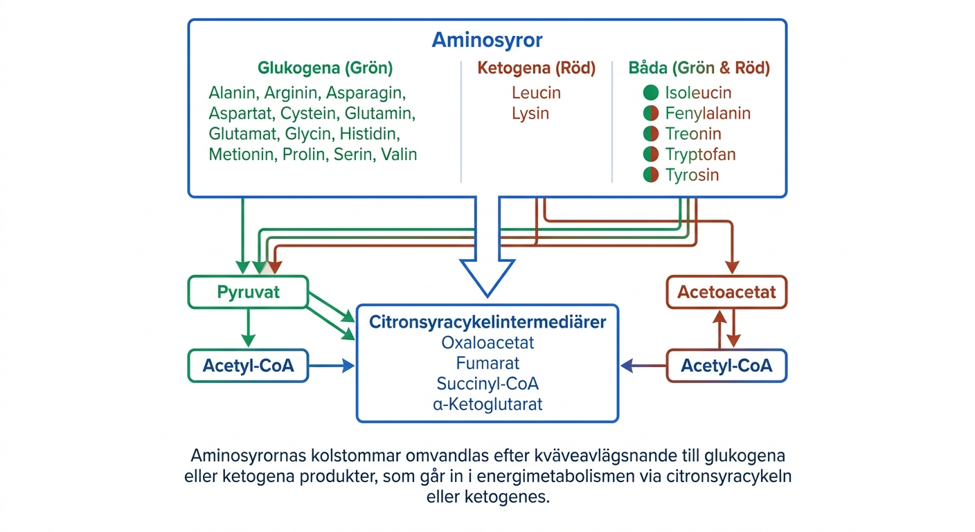 Schema över aminosyrakatabolism till pyruvat, acetyl-CoA, acetoacetat och citronsyracykelintermediärer.