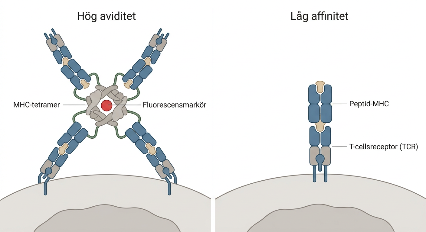 MHC-tetramer som binder flera T-cellsreceptorer jämförd med fysiologisk bindning av peptid-MHC till TCR.