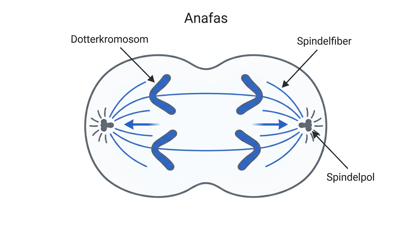Schematisk anafas med separerade dotterkromosomer som rör sig mot motsatta spindelpoler.