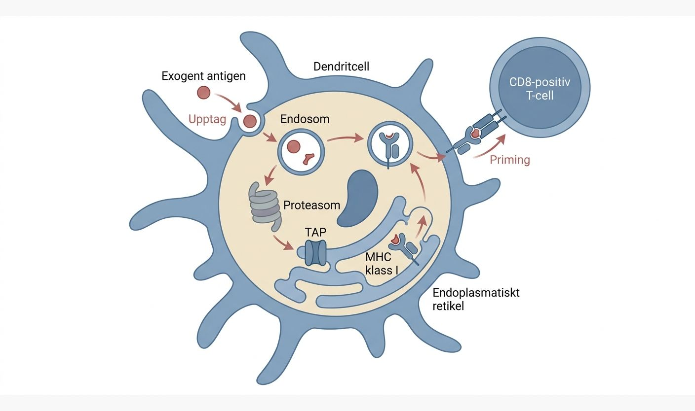 Schematisk illustration av korspresentation av exogent antigen via MHC klass I.