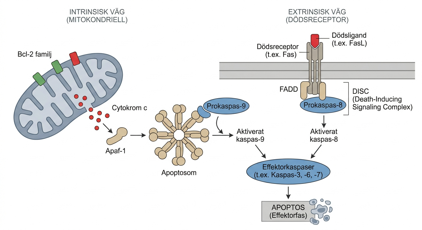 Schema över intrinsisk och extrinsisk apoptossignalering med apoptosom, DISC och aktivering av kaspaser.