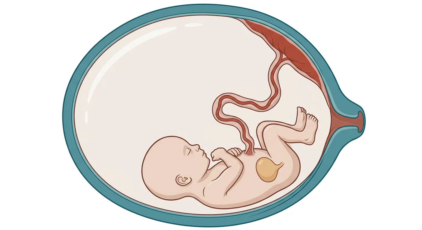 Sagittal illustration av en kraftigt utspänd livmoder där ett litet foster ligger i nedre delen omgivet av en mycket stor fostervattenmängd, med moderkakan i övre väggen och en rund fylld urinblåsa i fostrets nedre buk.