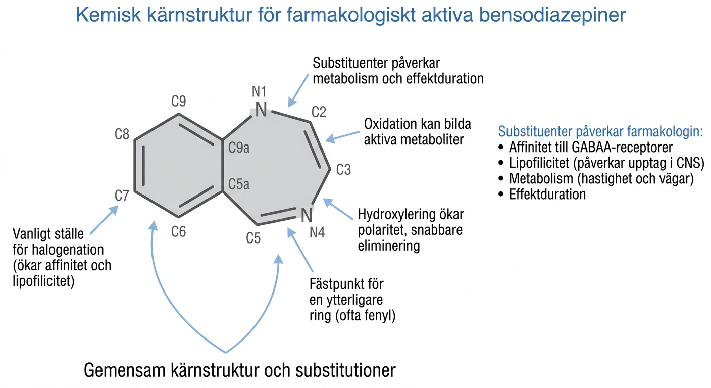 Kemisk kärnstruktur för farmakologiskt aktiva bensodiazepiner