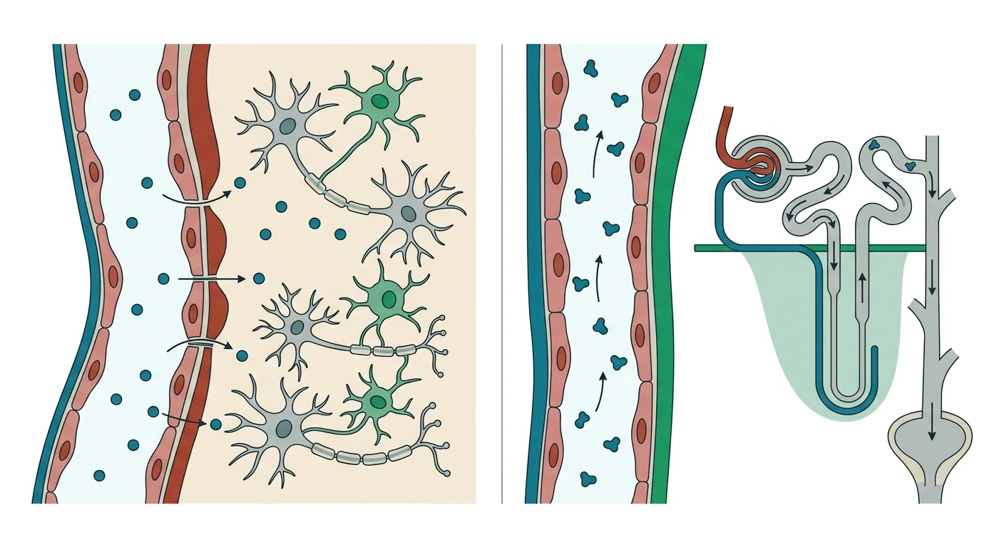 Schematisk blod-hjärnbarriär med små molekyler som passerar in i hjärnvävnaden, bredvid ett nefron med renal elimination