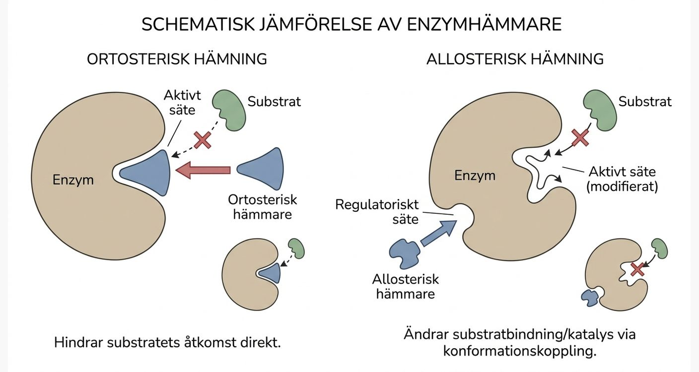 Schematisk jämförelse mellan hämmare som binder i enzymets aktiva säte och hämmare som binder på en separat plats