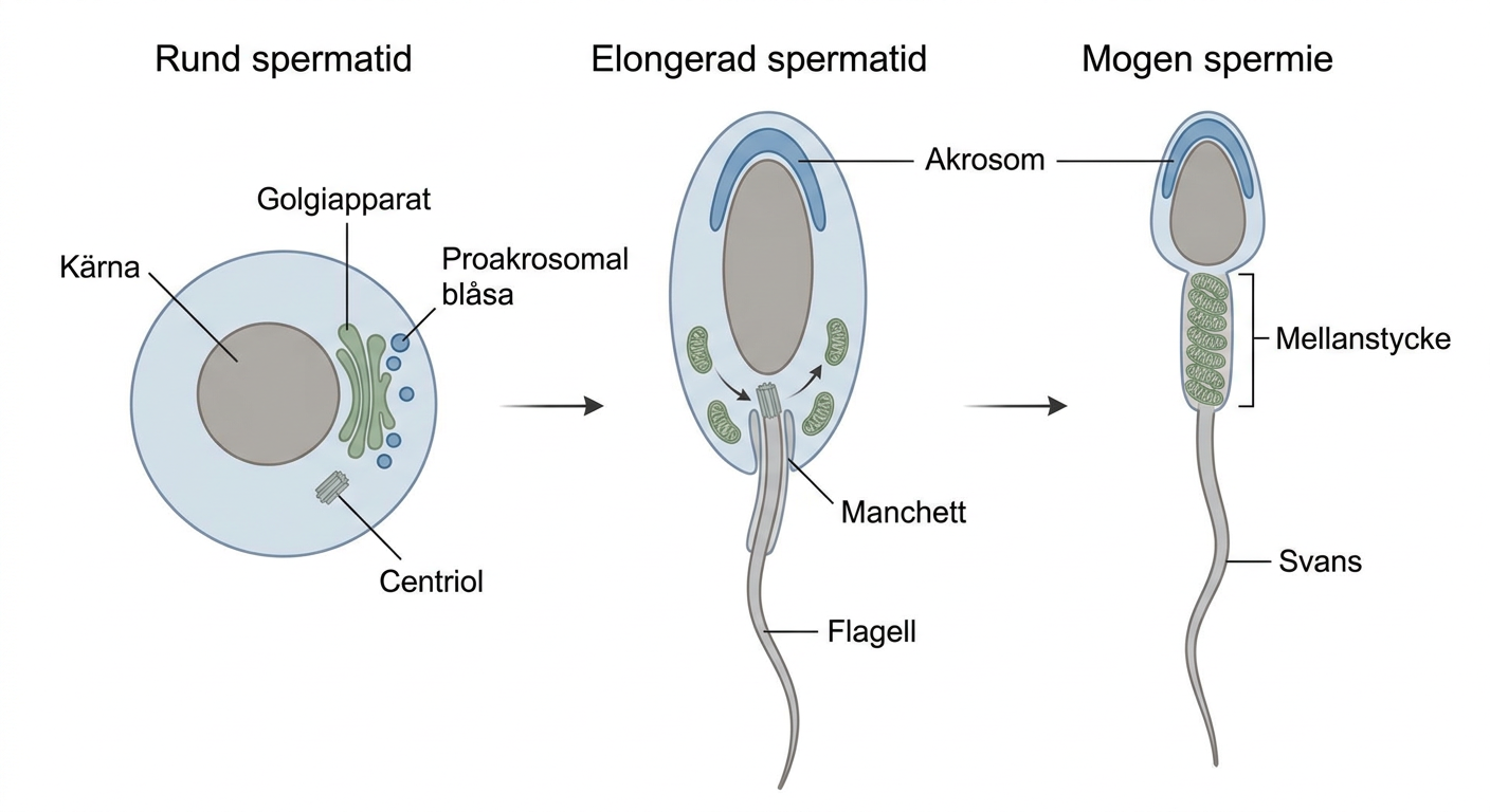 Schema över akrosombildning, kärnelongering, flagellutveckling och mitokondrieomlagring under spermiogenesen.