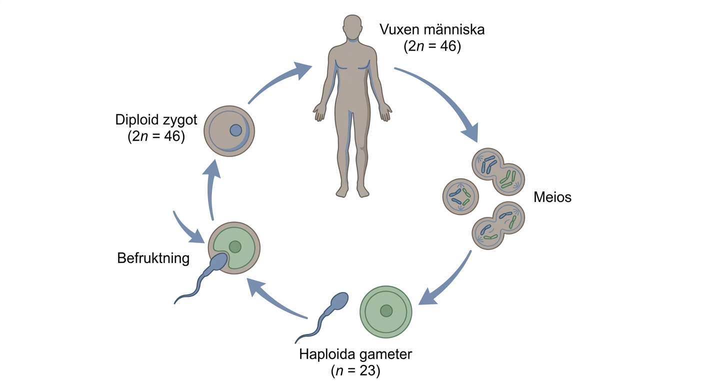 Schematisk human livscykel med meios, haploida gameter, befruktning och diploid zygot