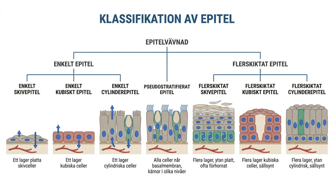 Schematisk klassifikation av enkelt, pseudostratifierat och flerskiktat epitel med skive-, kubiska och cylindriska celler