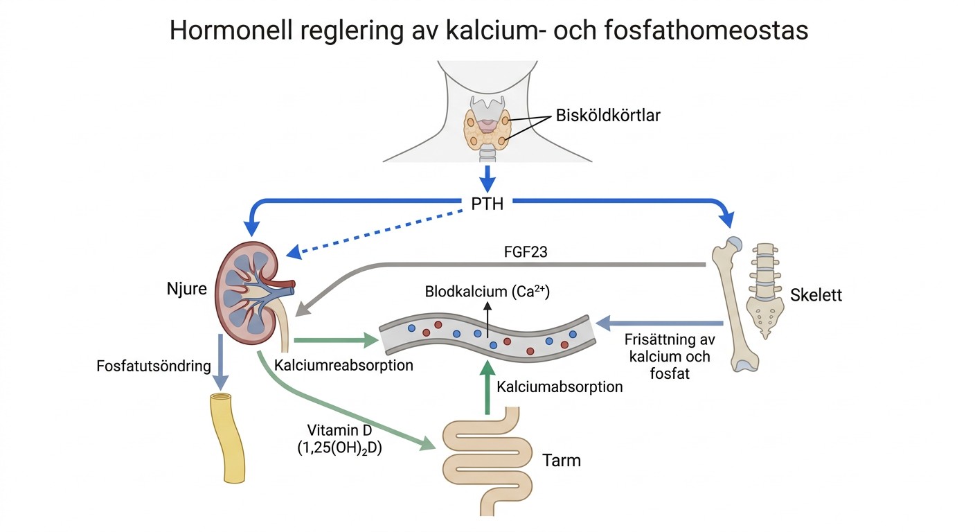 Schematisk bild av hormonell reglering mellan tarm, njure, skelett och bisköldkörtlar