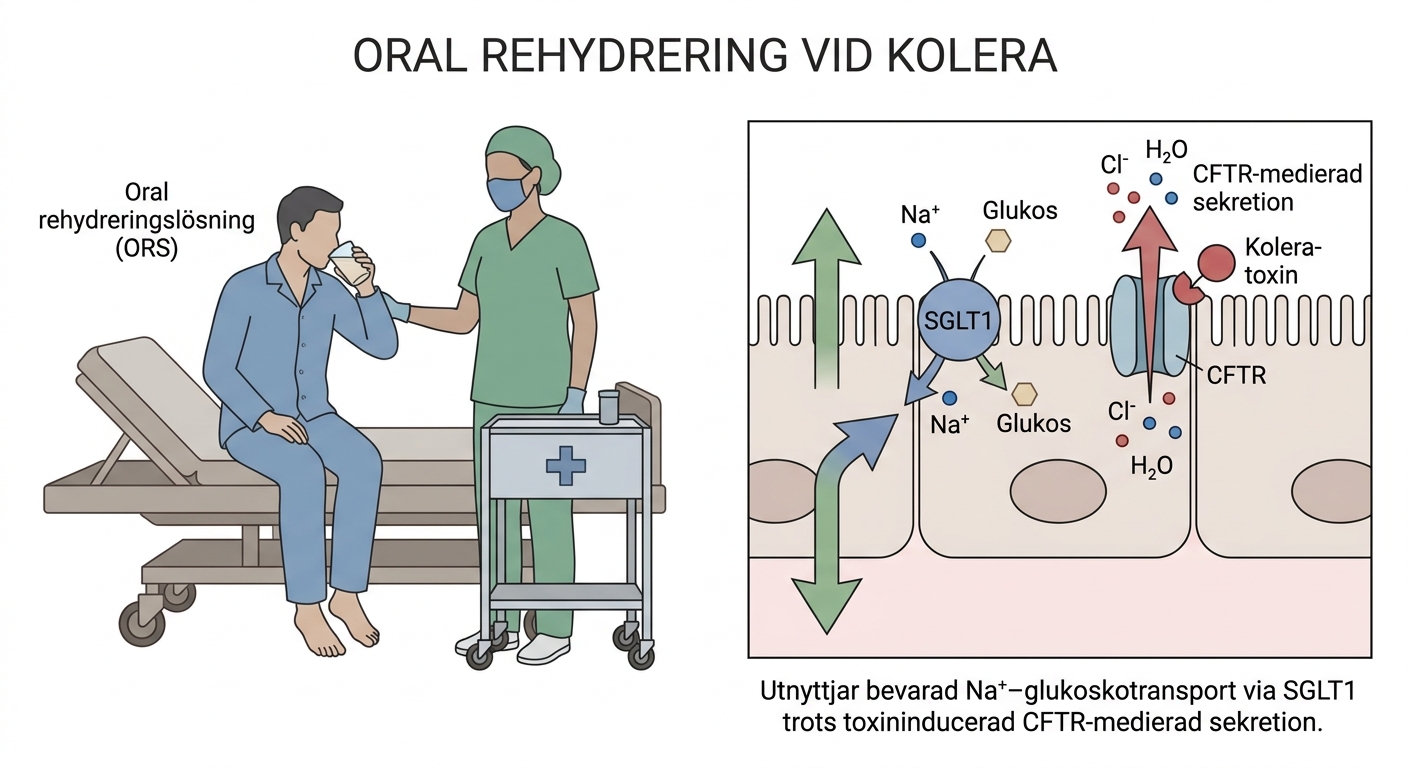 Patient med kolera som dricker oral rehydreringslösning under övervakning av vårdpersonal.