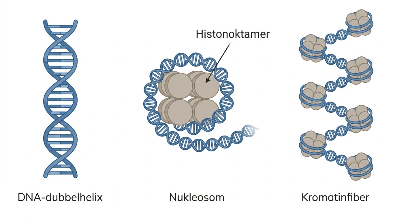 DNA-dubbelhelix lindad kring histoner till nukleosomer och kromatin