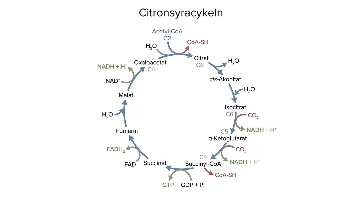 Schematisk bild av citronsyracykelns intermediärer och reaktioner