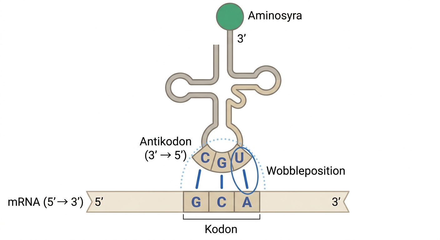 Antiparallell basparning mellan kodon och tRNA-antikodon