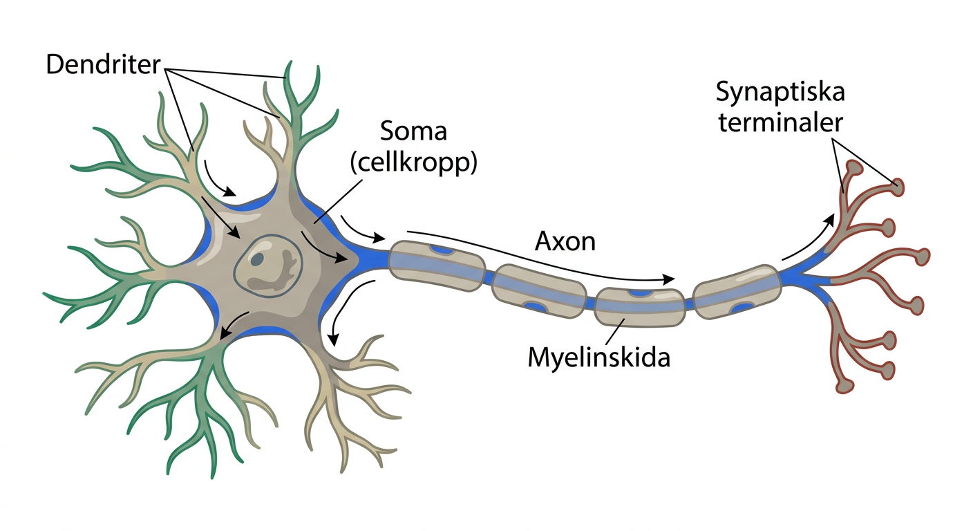 Schematisk nervcell med dendriter, soma, axon, myelin och terminaler