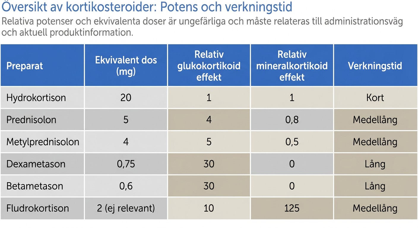 Tabell som jämför vanliga kortikosteroider med avseende på potens och verkningstid.