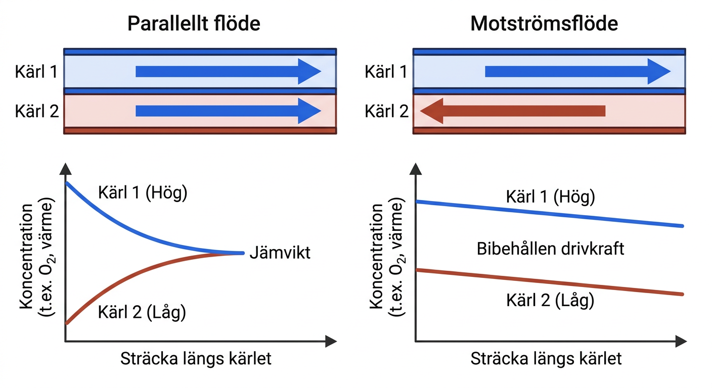 Schematisk jämförelse mellan parallellt flöde och motströmsflöde