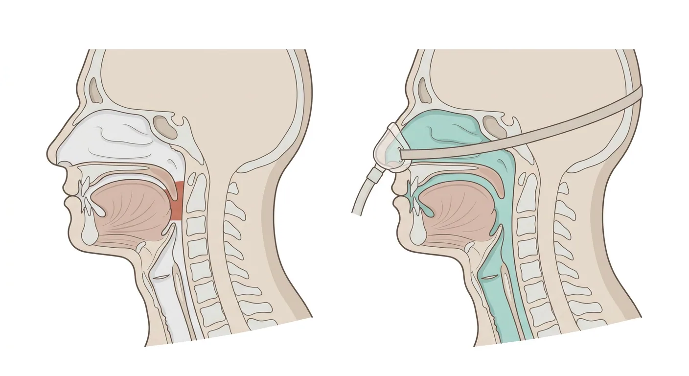 Två sagittalsnitt av huvud och hals. Till vänster är svalget stängt bakom mjuka gommen och tungbasen vid obstruktiv sömnapné, till höger håller trycket från en nasal CPAP-mask hela luftvägen öppen från näsan till luftstrupen.