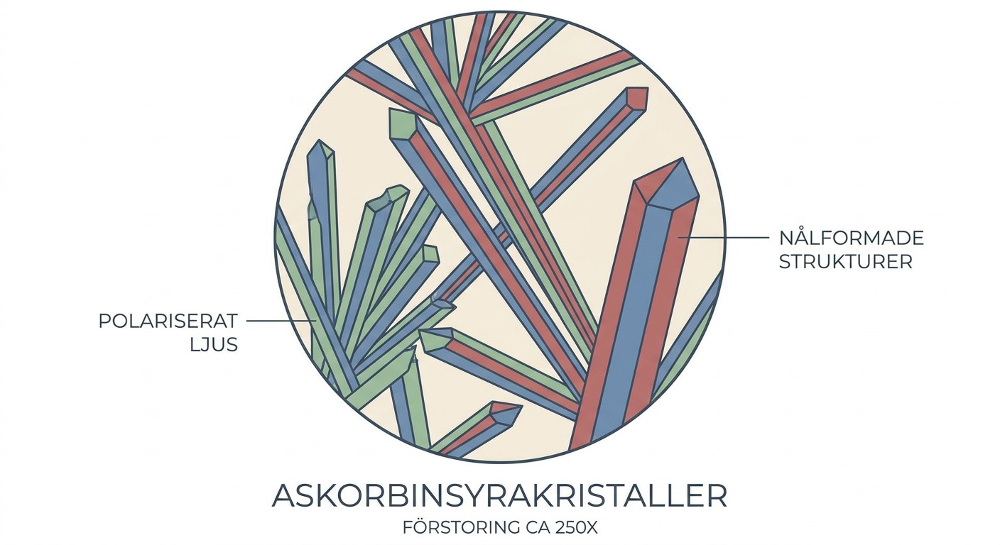 Kristaller av askorbinsyra fotograferade i polariserande mikroskop.