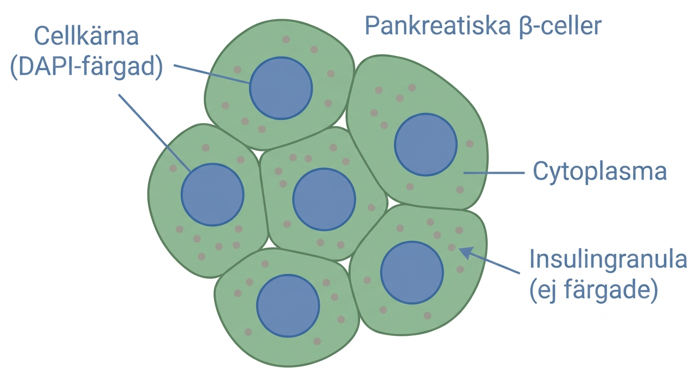 Mikroskopibild av pankreatiska betaceller med DAPI-färgade cellkärnor