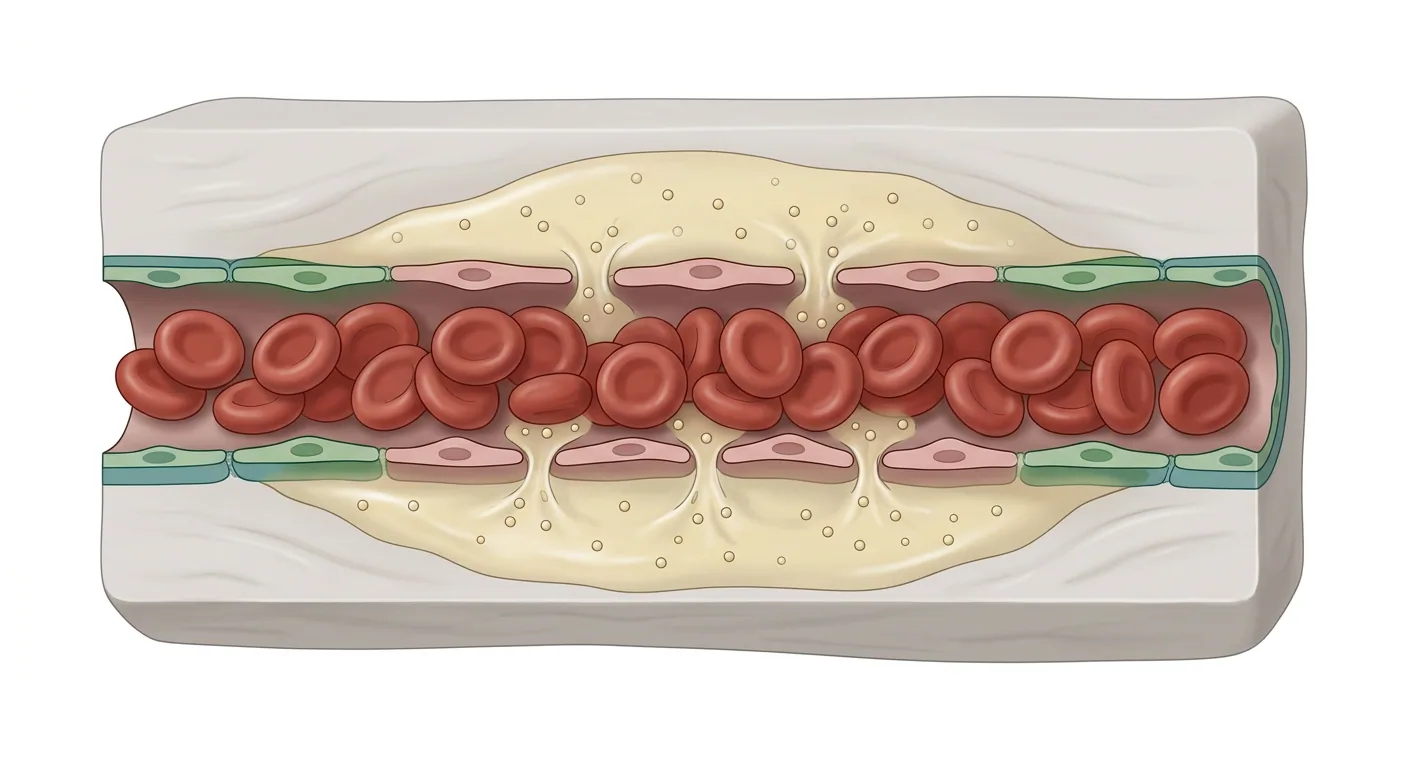 Illustration av en kapillär i längssnitt där plasma läcker ut genom vidgade förbindelser mellan endotelcellerna till den omgivande vävnaden medan erytrocyterna blir kvar i kärlet.