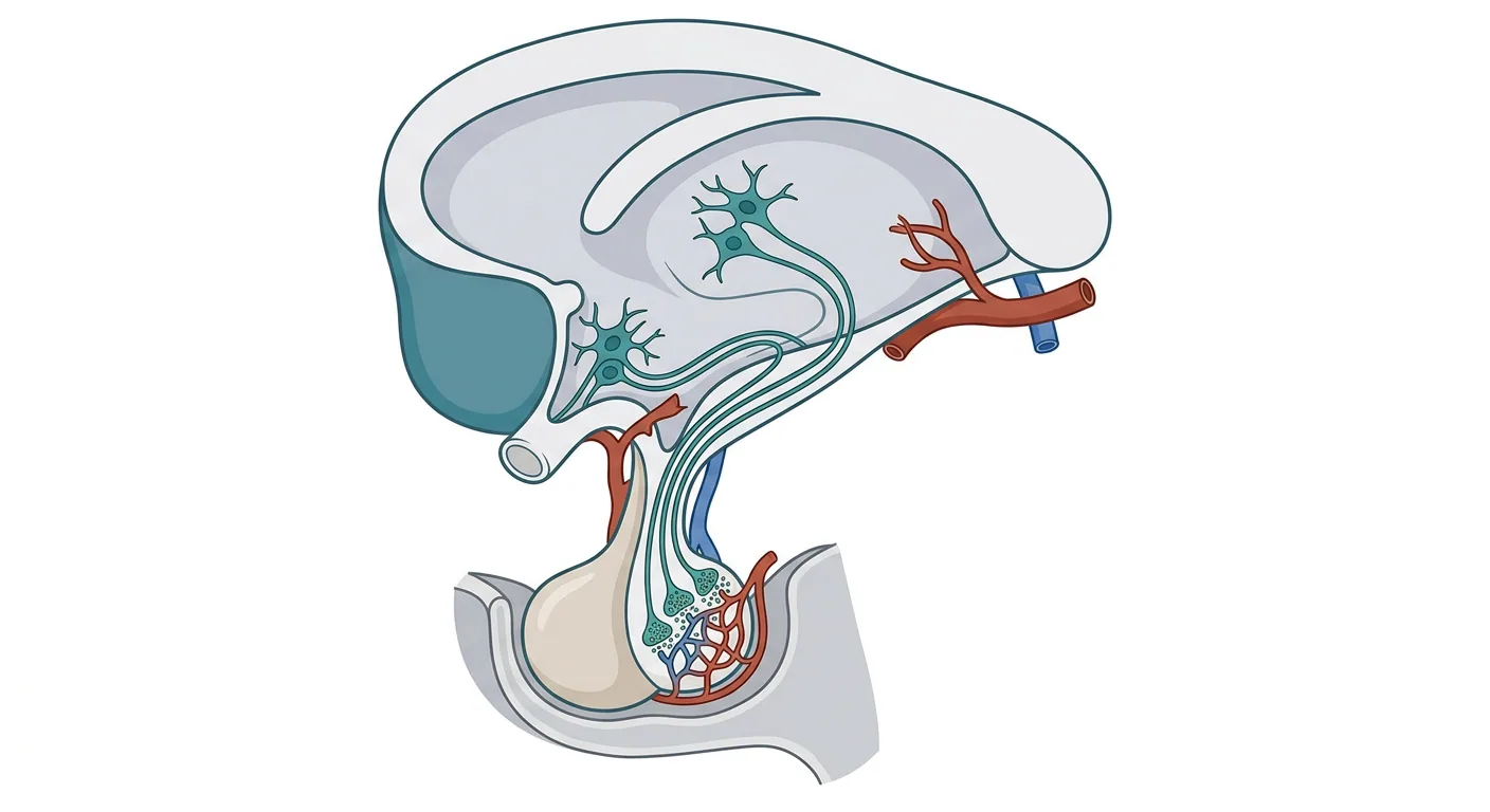 Sagittalsnitt av hypotalamus och hypofys där nervceller i hypotalamus sänder axon genom hypofysstjälken till neurohypofysen, vars nervändar ligger intill kapillärer. Adenohypofysen ligger framför neurohypofysen och saknar nervändar.