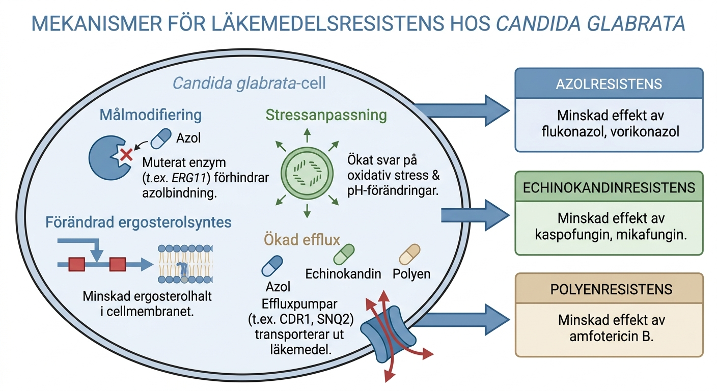 Schematisk Candida glabrata-cell där fyra mekanismer (muterat målenzym, förändrad ergosterolsyntes, stressanpassning och effluxpumpar) pekar ut mot azolresistens, ekinokandinresistens och polyenresistens.