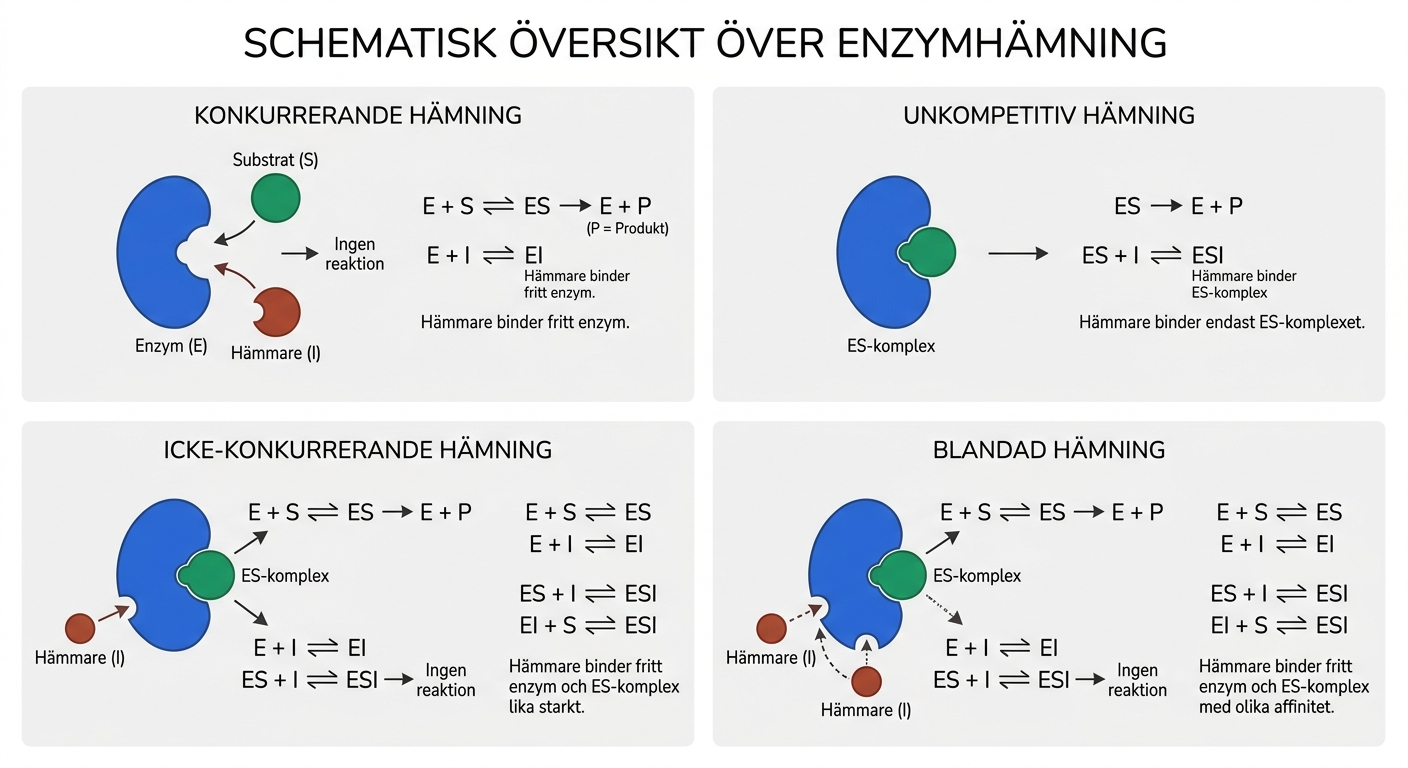 Schematisk översikt över konkurrerande, unkompetitiv, icke-konkurrerande och blandad enzymhämning