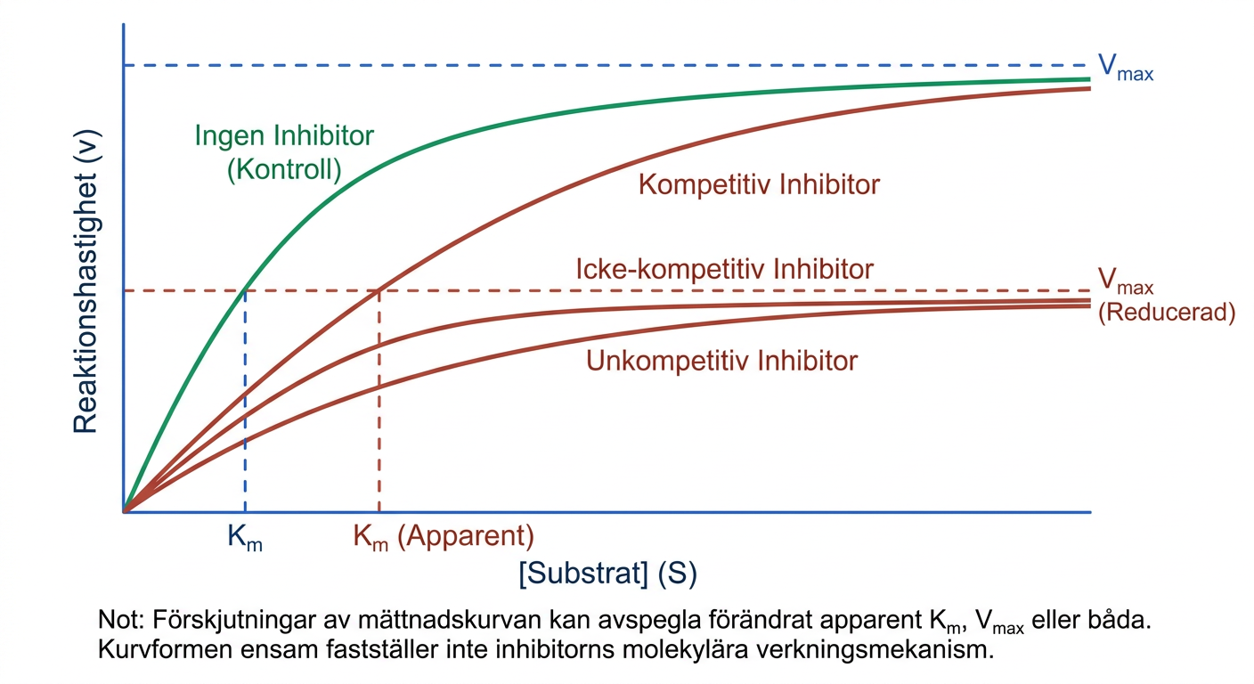 Mättnadskurvor för enzymreaktion under olika inhibitorbetingelser