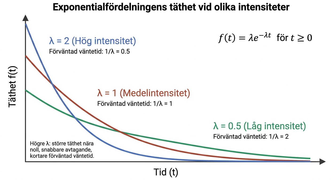 Exponentialfördelningens täthet vid tre olika värden på intensitetsparametern lambda