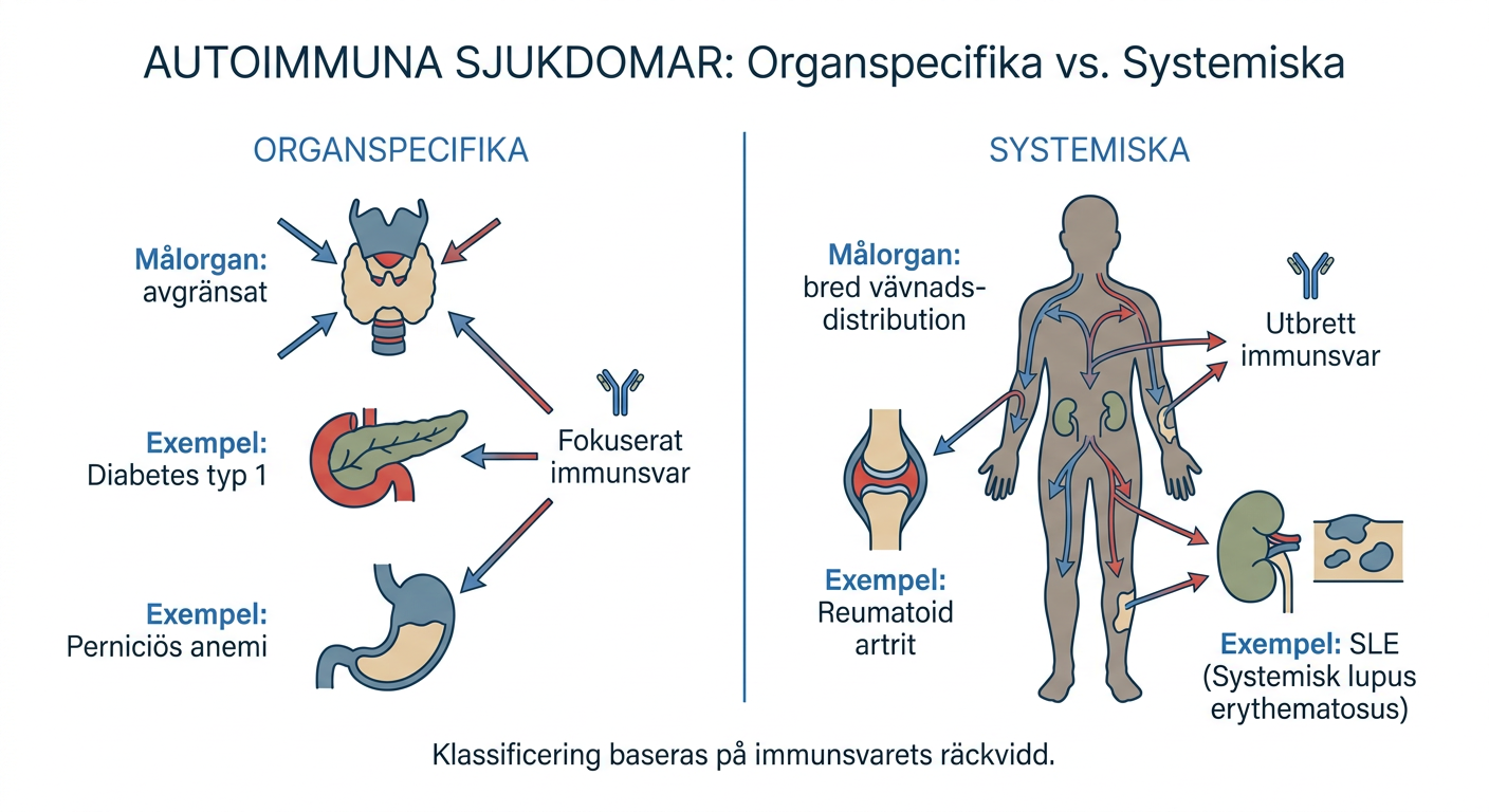 Schematisk indelning av autoimmuna sjukdomar i organspecifika och systemiska former.