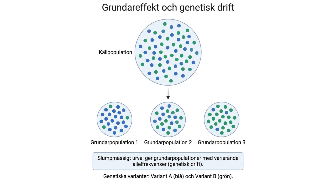 Schematisk bild av en stor källpopulation och flera små grundarpopulationer med avvikande fördelning av två genetiska varianter.