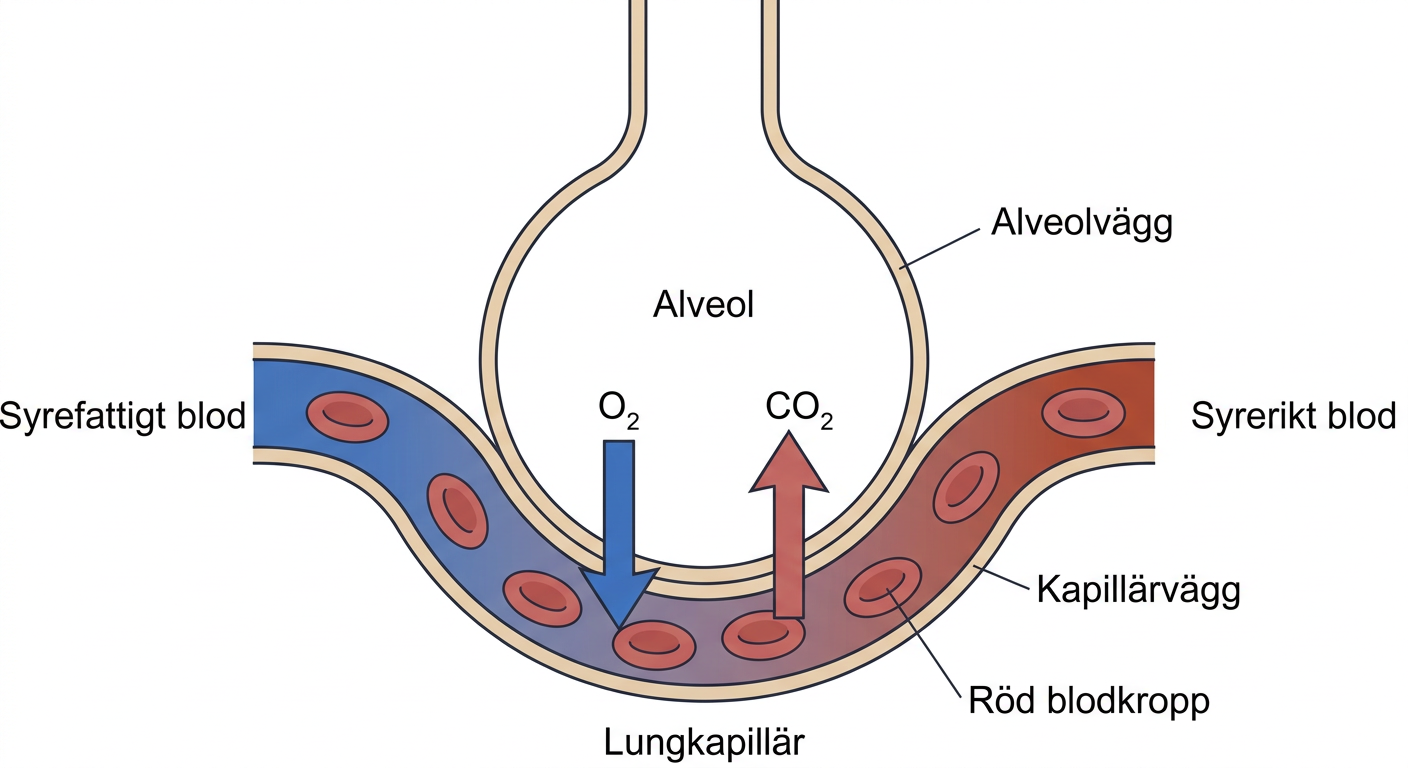Schematisk alveol och lungkapillär med syrgasdiffusion till blodet och koldioxiddiffusion till alveolen.