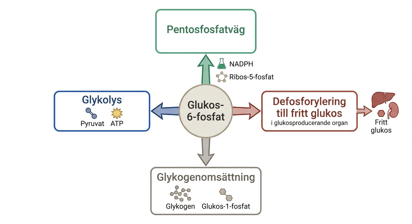 Schema över glukos-6-fosfats metabola öden i olika vävnader.